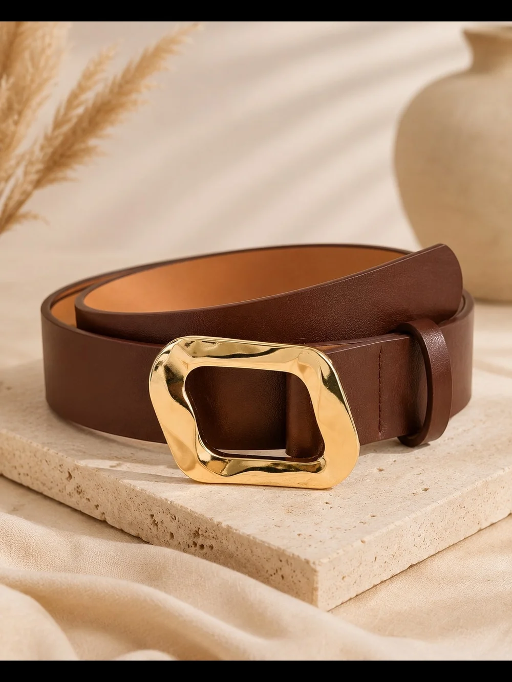 Women's Brown Leather Belt with Gold Sculpted Buckle